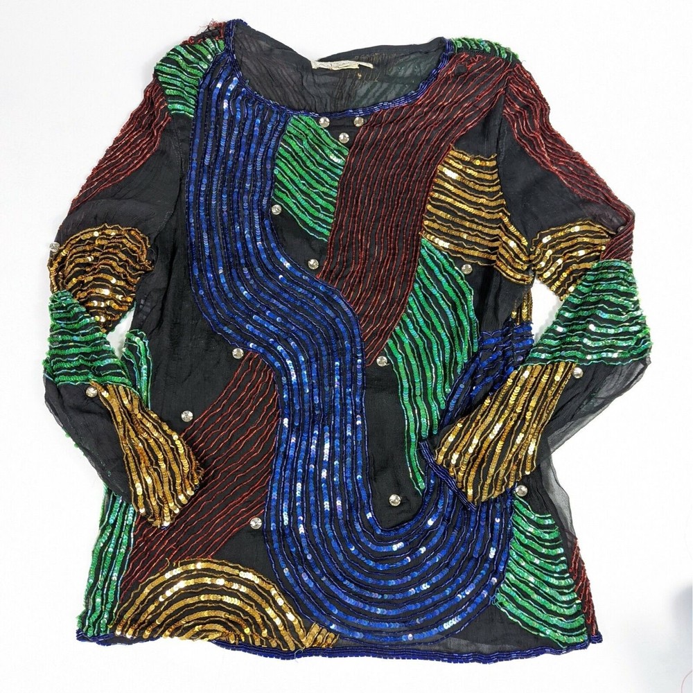 Vintage 80s AJ Bari Beaded Statement Blouse Top Medium Primary Colorful Flawed